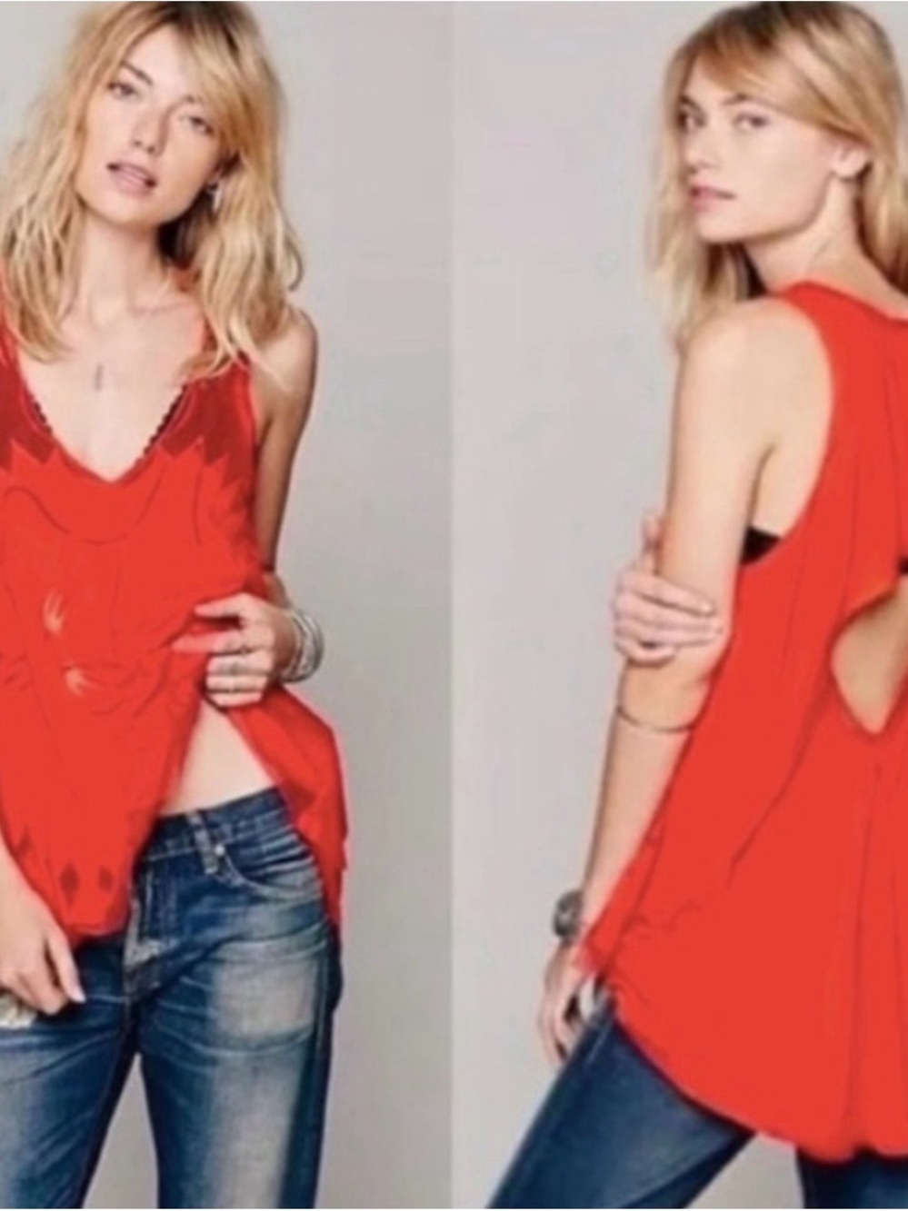Free People New Romantics Red Orange Tulle Cutout Tank Sz M